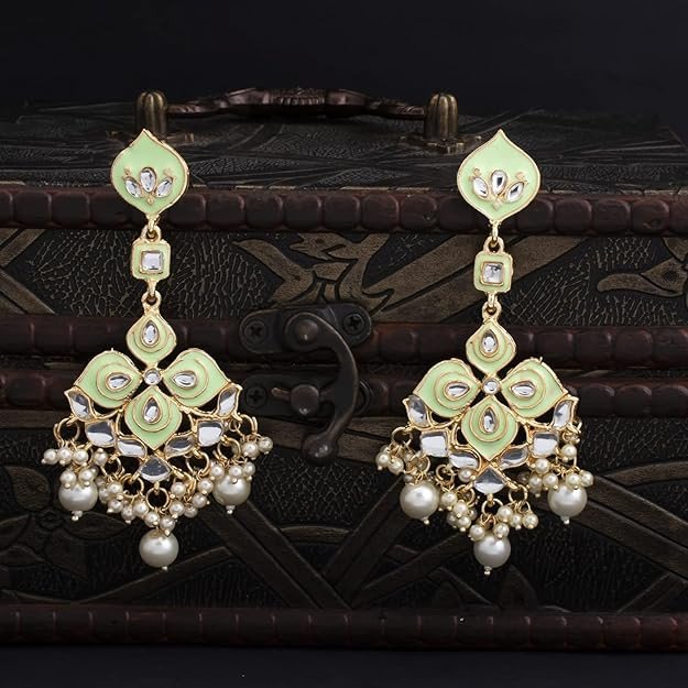 Pretty Kundan Gold Plated Pearl Meenakari Chandelier Earring for Women (SKR56867)