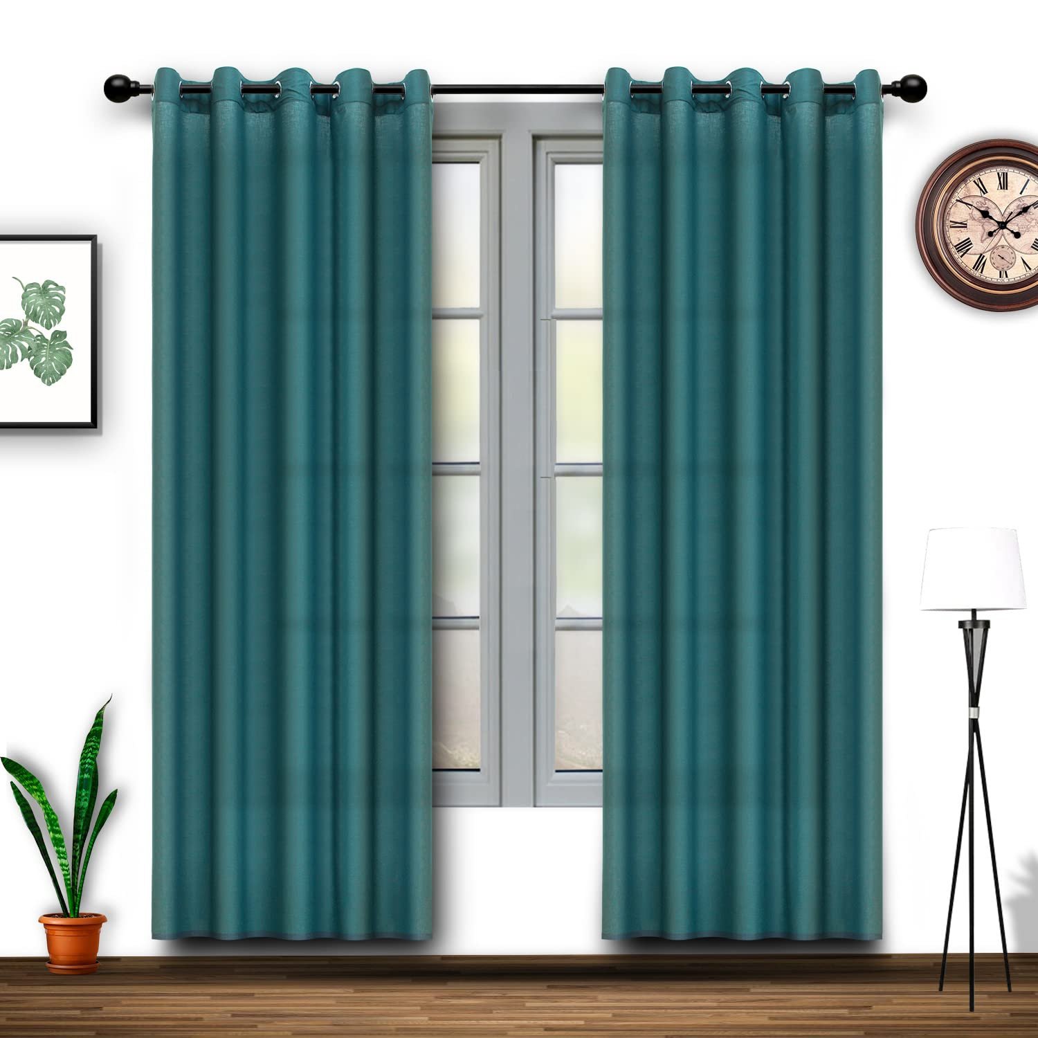 GONATURS Cotton Linen Solid Sheer Curtain Set with Eyelet Rings Non Blackout Set of 2,Window Curtain (4.5ft x5ft) (Teal Green)