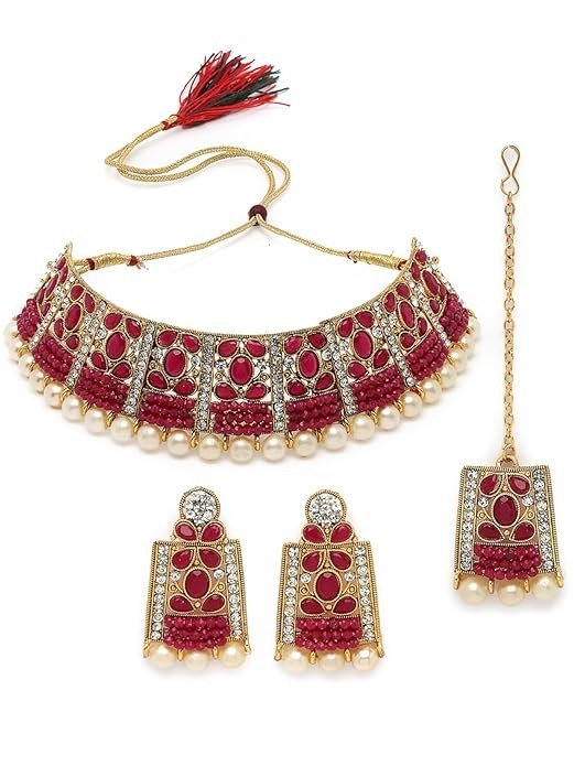 Sukkhi Adorable Unique Stylish Rani Pink Stone Studded With Pearls Choker Necklace Set For Women.