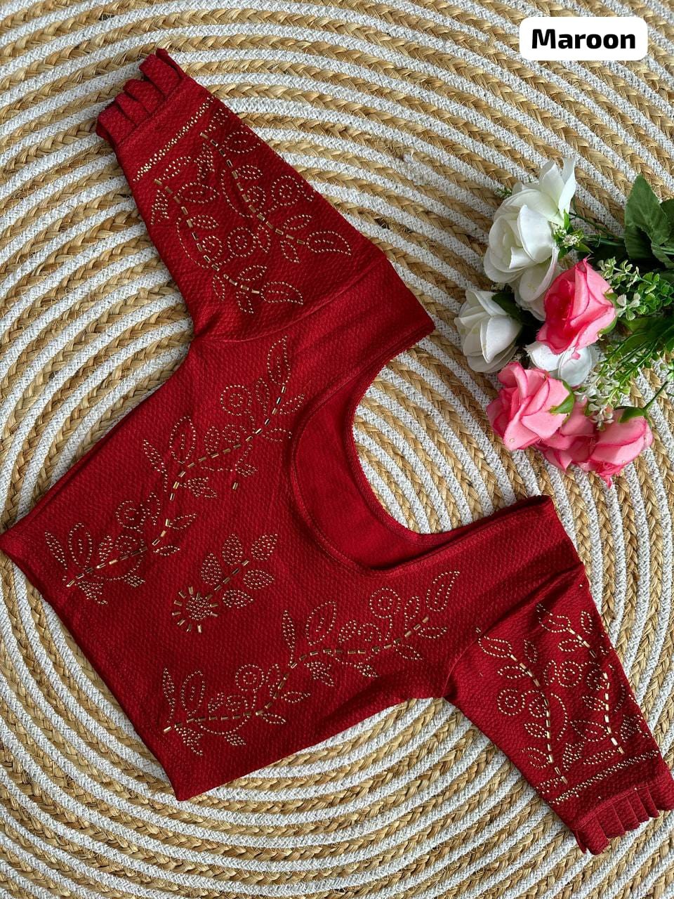 Sai Ram Textiles Fancy Sirojki Work Jhari Pushpa Designed Round Neck Lycra Stretchable Readymade Blouse - Maroon Colour (Stitched Blouse) | Stitched Saree Blouse