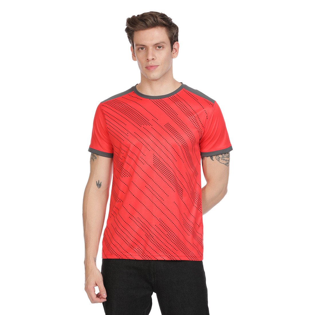 Bleualps Men's Activewear Sports Round Neck Half Sleeve T-Shirt - Orange & Grey | Sports T-Shirt | Workout T-Shirt | Gym Wear