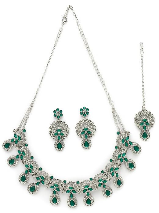 Alluring Traditional Rhodium Plated Green AD Stone Collar Bone Necklace Set With Earring And Maangtika | Jewellery Set For Women (NS105648)