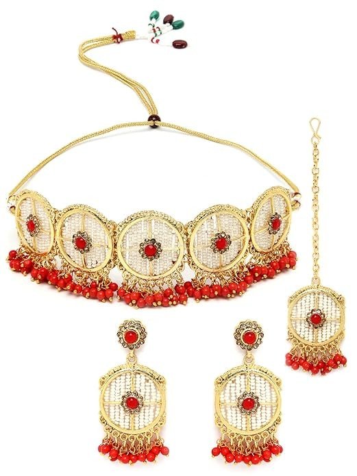 Sukkhi Charming Circular Gold Toned Plated Necklace Set With Earring And Maangtika | Jewellery Set For Women.