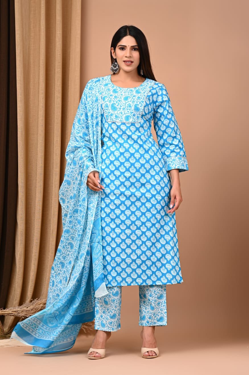Bagru Handblock Printed Designer Cotton Suit With Mulmul Duptta - Sky Blue Colour | Cotton Churidar Full Set