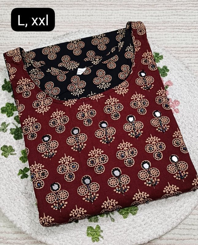 Avanika Collection's Premium Quality Pure Cotton Ajrakh Handwork Kurti With Lining - Red & Black Colour | Printed Churidar Top