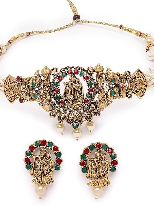 Sukkhi Innovative Temple Gold Plated Red & Green Stone Temple Choker Necklace Set With Earring | Jewellery Set For Women (NS105693)