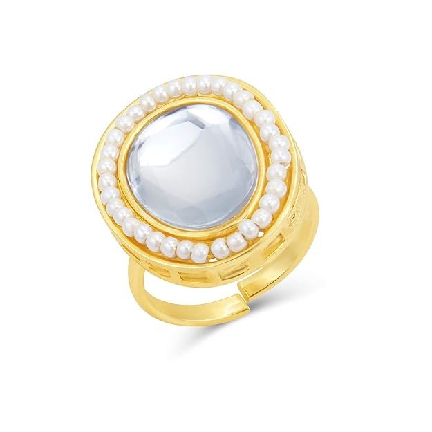 Cluster Kundan Gold Plated Pearl Ring for Women (SKR85672)