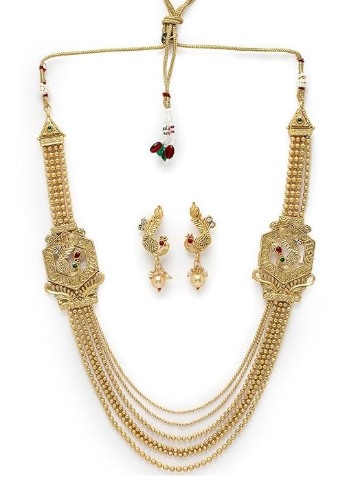 Amazing Gold Plated Golden Rani Haar Long Kundan Studded Multistring Necklace Set And Earring | Jewellery Set For Women (NS105744)