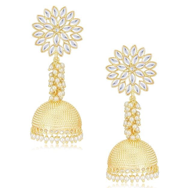 Eye Catching Kundan Gold Plated Pearl Jumki Earring Set for Women (SKR85626), One Size