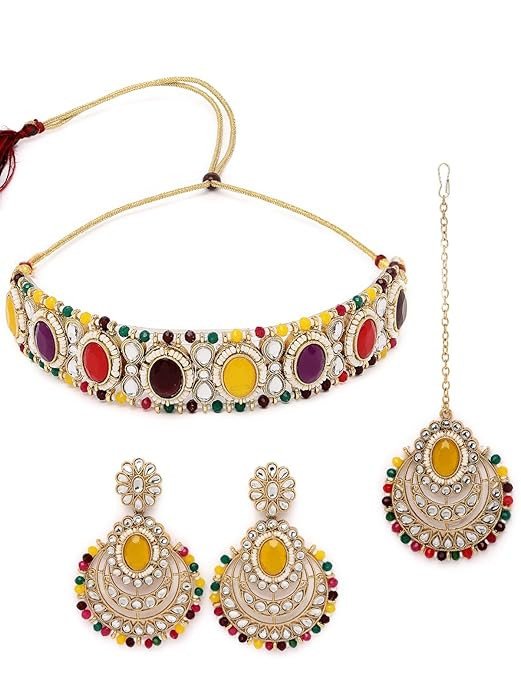 Traditional Gold Plated Stone & Beads Choker Necklace Set With Earring And Maangtika | Jewellery Set For Women.