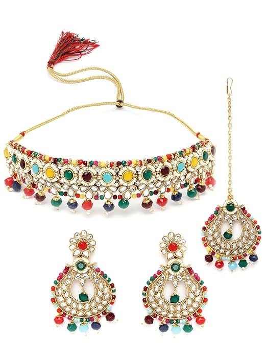 Sukkhi Delightful Round Shaped Gold Plated Multi Kundan & Beads Studded Choker Necklace Set For Women.