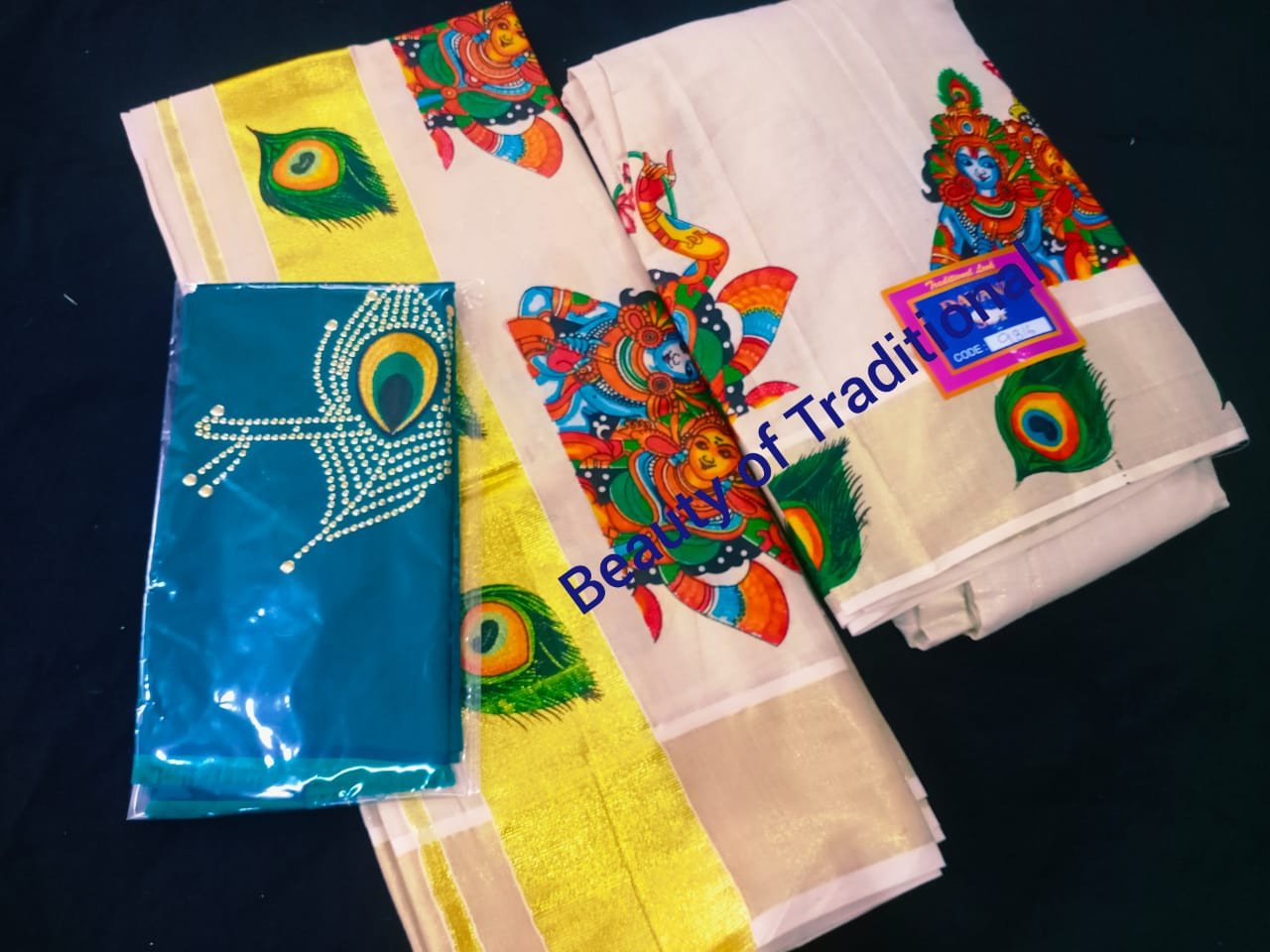 Avanika Collection's Kerala Traditional Tissue Mural Work Dhavani Set For Girls - (Stitched Skirt) | Kerala Dhavani Set