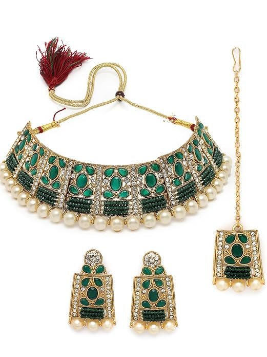 Adorable Unique Stylish Rani Pink Stone Studded With Pearls Choker Necklace Set For Women.