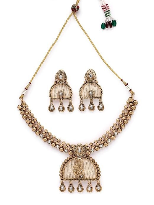 Classical Peacock Style White Stone Studded Gold Plated Copper Choker Necklace Set For Women.