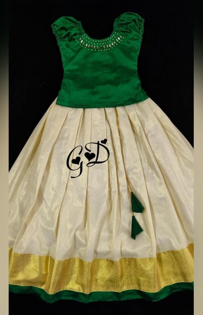 Classy Threads Collectionzz Trendy Stylish Kids Skirts & Jacket - Green & Golden Tissue Colour