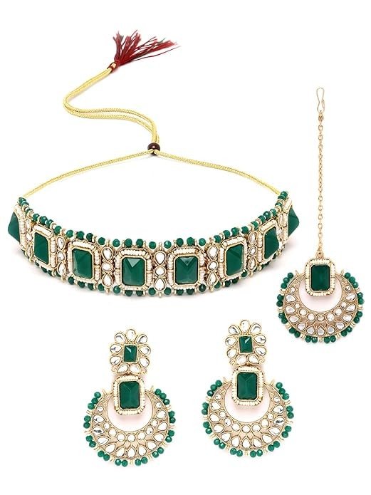 Sukkhi Affordable Squared Style White Kundan & Beads Studded Choker Necklace Set For Women.