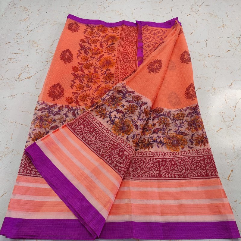 Edathal Star Collection's Kota Doria Mix Cotton Block Printed Saree With Blouse - Multi Colour | Pure Cotton Saree With Blouse | Printed Saree