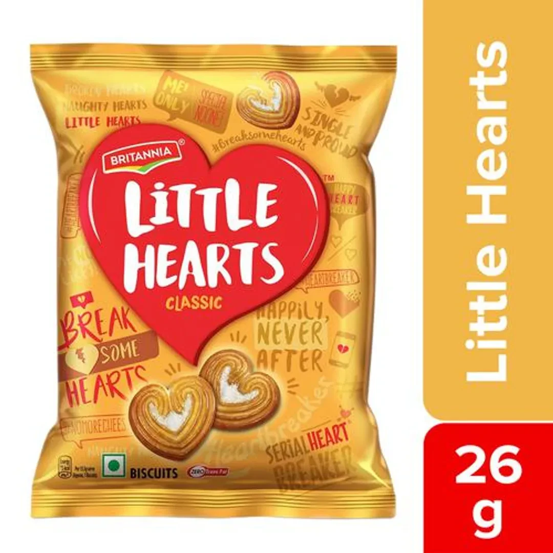 Britannia Little Hearts Biscuits - 26 g | Little Hearts Classic | little heart-shaped biscuits with a crumbly texture and sugar crystals