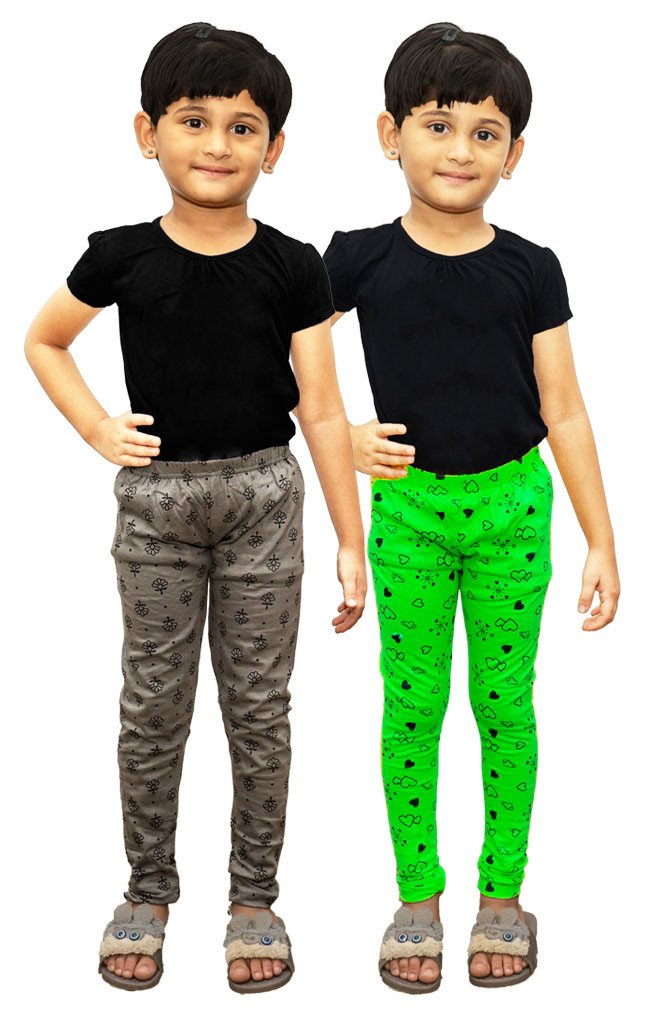 AFRA Garments Solid Kid's Stylish Attractive Pure Cotton Printed Multi-coloured Leggings (2 Pack Combo) | Girl's Leggings Combo (2 in 1)