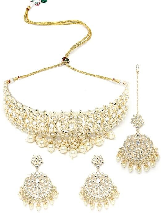 Sukkhi Treasured Gold Plated White Kundan & Beads Choker Necklace Set With Earring And Maangtika | Jewellery Set For Women (NS105526)