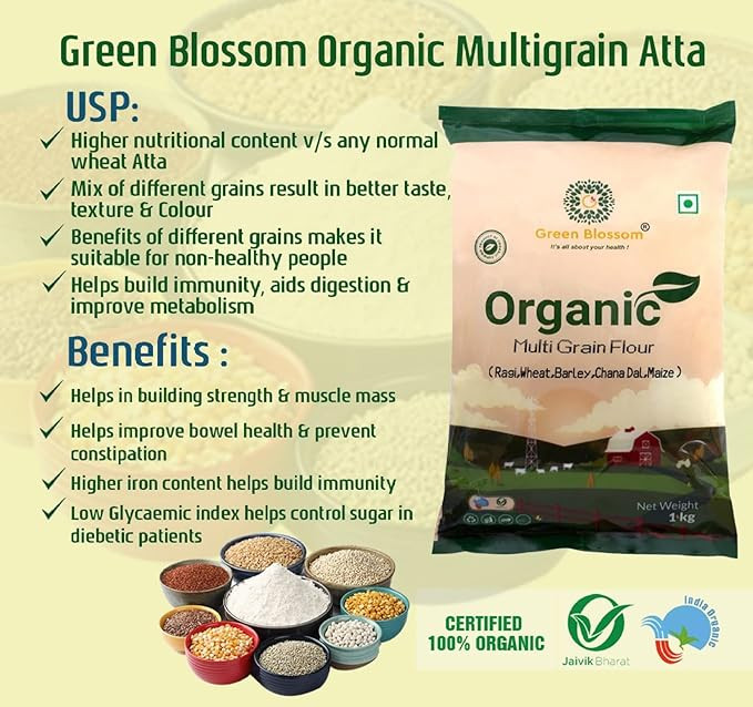 Green Blossom Natural & Organic Multigrain Flour - 1 Kg | Atta with Multigrain | All Natural Multigrain | Organic and Natural Product