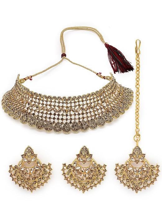 Graceful Curve Shaped Gold Plated LCT AD Stone Choker Necklace Set With Earring And Maangtika | Jewellery Set For Women (NS105578)