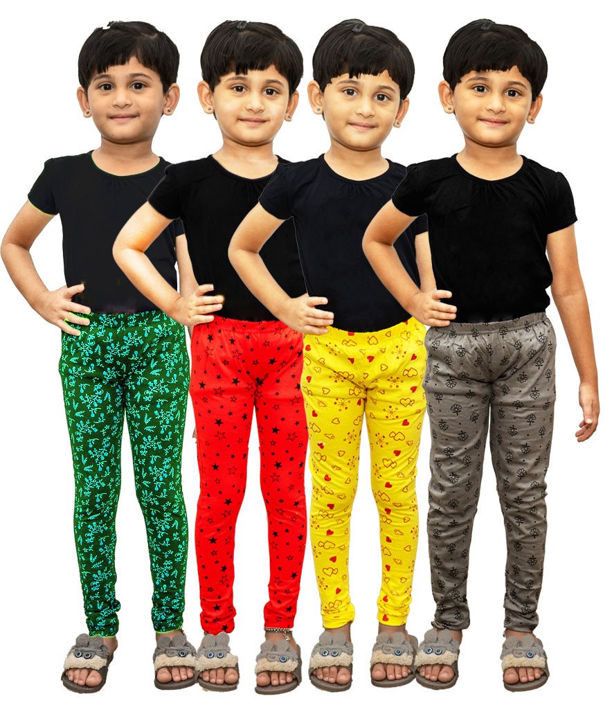 AFRA Garments Stylish Regular Fit Casual Full Length Printed Pure Cotton Leggings For Kids (Pack of 4)  | Full Length Leggings 4 in 1 (Combo)