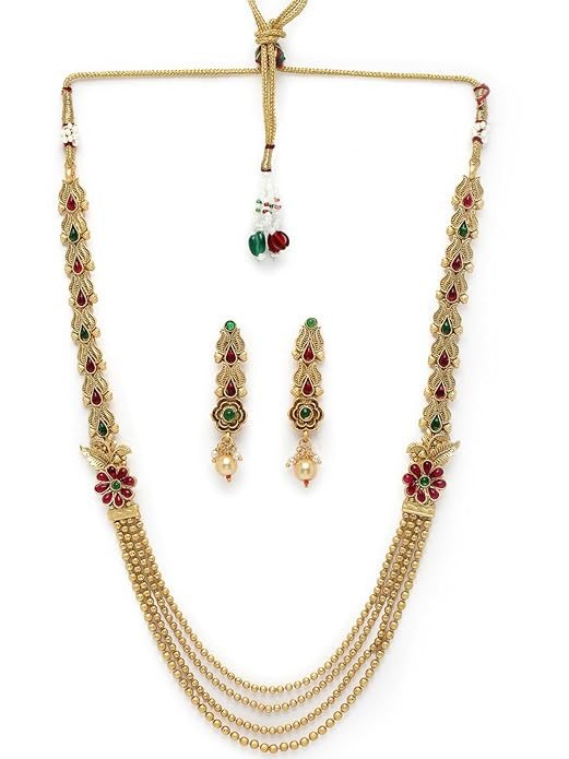 Stylish Gold Plated Rani Haar Long Kundan Studded Multistring Necklace Set And Earring | Jewellery Set For Women (NS105733)