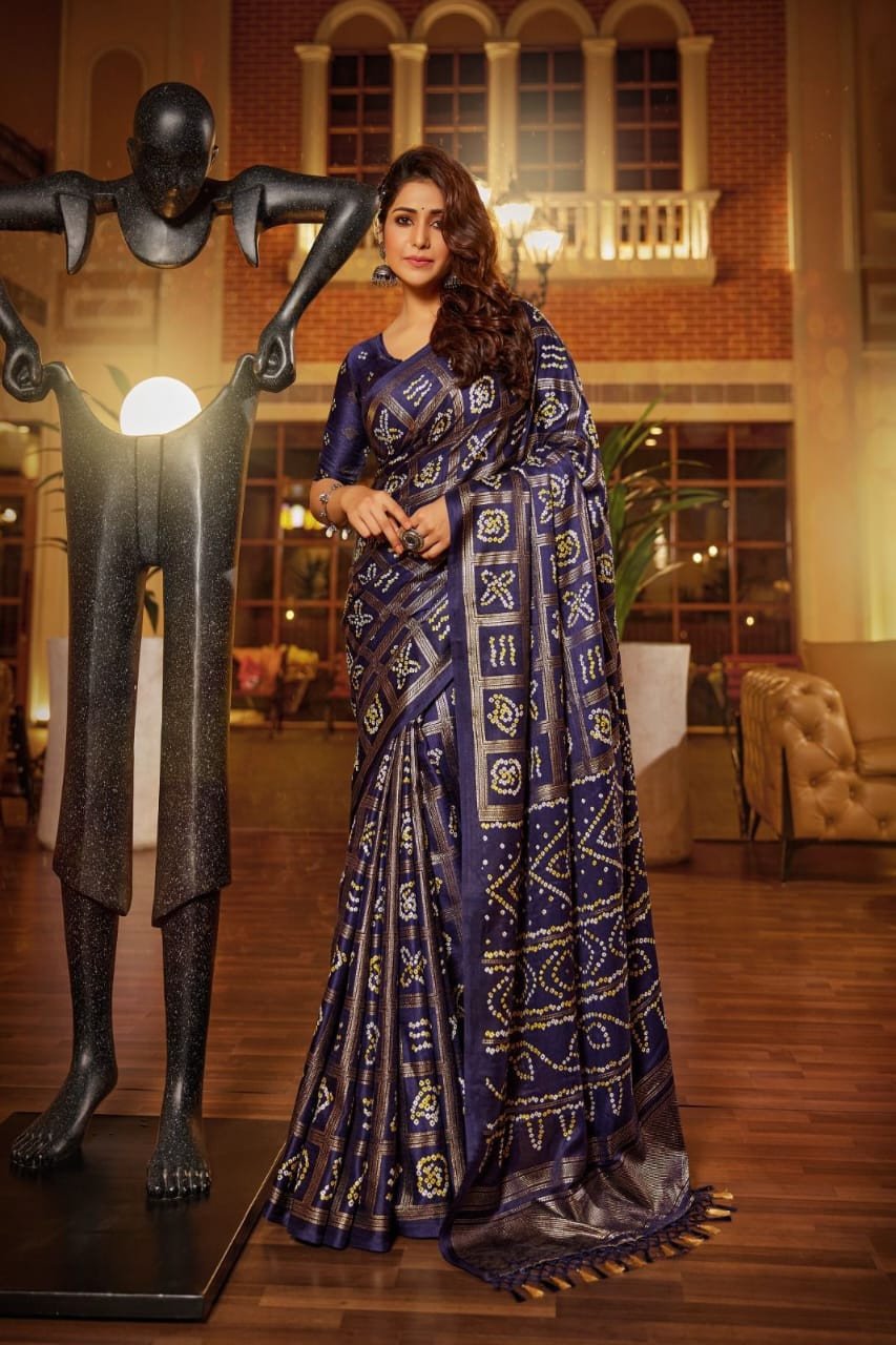 Edathal Star Collection's Soft Silk Saree With Bhandez Gharchola Style And Foil Print With Soft Pashmina Allover Printed Blouse - Navy Blue Colour
