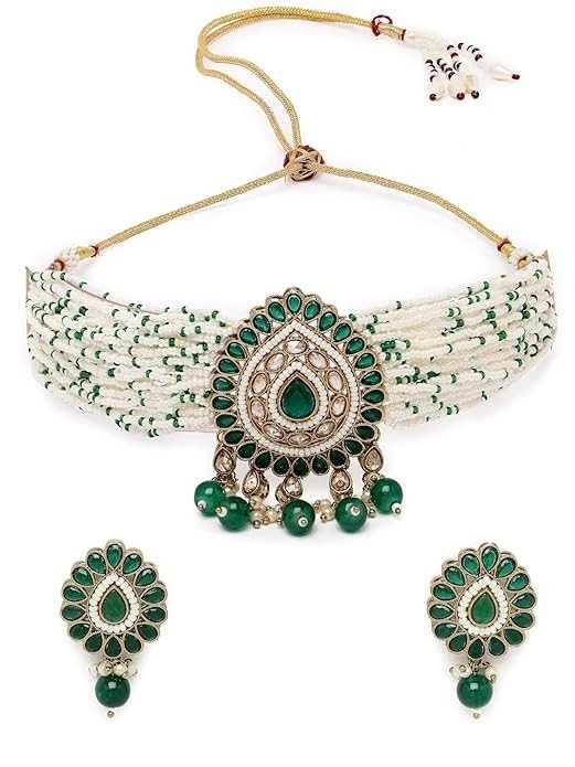 Sukkhi Amazing Gold Plated Green Drop Shaped Kundan & Beads Multistrand Choker Necklace Set With Studs Earring | Jewellery Set For Women (NS105539)