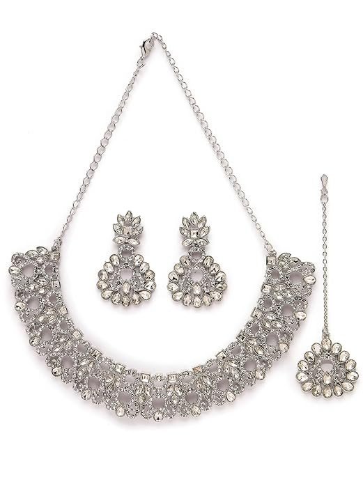 Exotic Rhodium Plated Silver AD White Stones Collar Bone Necklace Set With Earring And Maangtika | Jewellery Set For Women (NS105603)