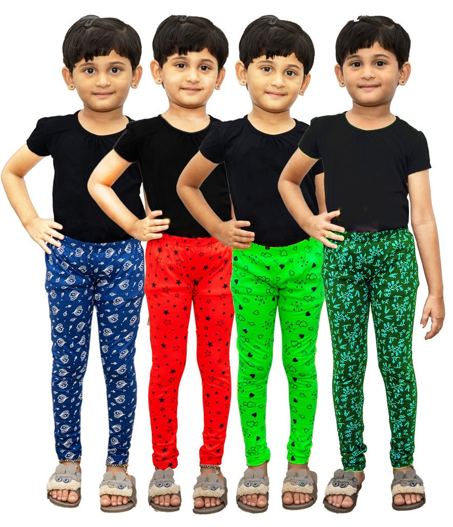 AFRA Garments Casual And Formal Stylish Ankle Length Printed Pure Cotton Leggings For Kids (Pack of 4)  | Full Length Leggings 4 in 1 (Combo)