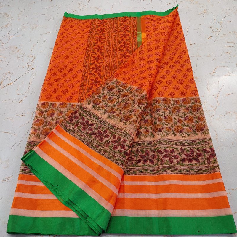 Edathal Star Collection's Soft & Smooth Kota Doria Mix Cotton Block Printed Saree With Blouse - Multi Colour | Pure Cotton Saree With Blouse | Printed Saree