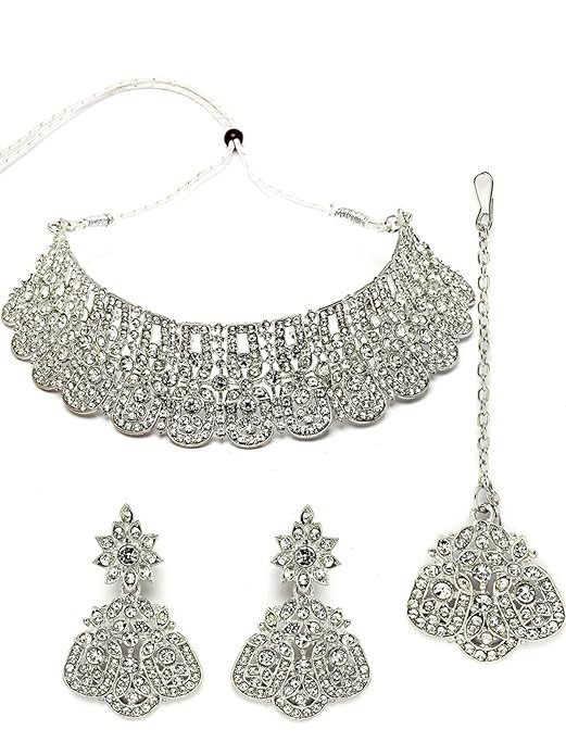 Universal Rhodium Plated Silver Ad Stone Studded Choker Necklace Set For Women.