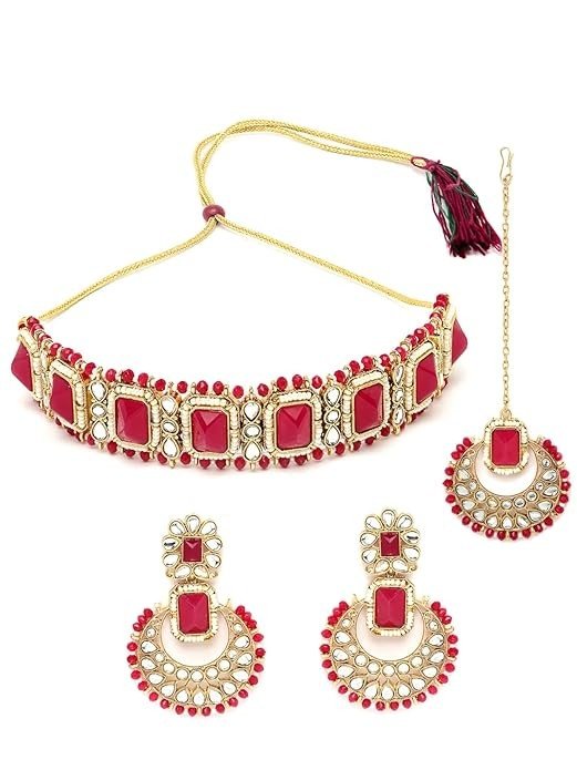 Sukkhi Affordable Squared Style White Kundan & Beads Studded Choker Necklace Set For Women