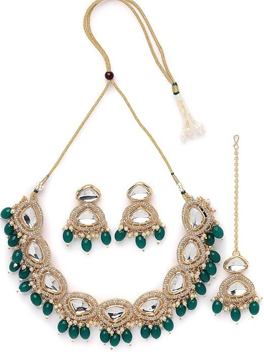 Gold-Plated With American Diamond Studded White Choker Necklace And Stylish Earrings Jewellery Set For Women.