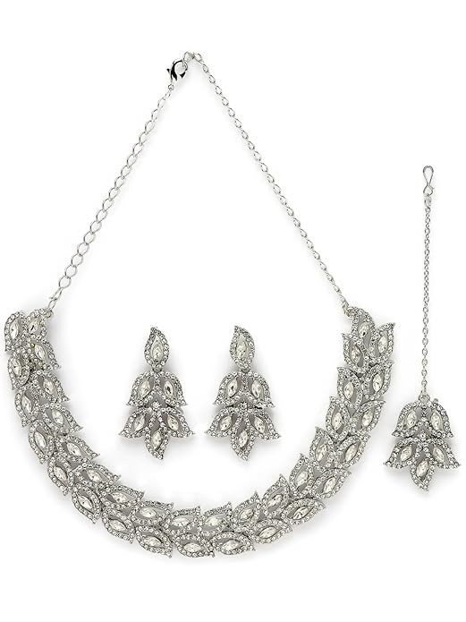 Fusion Rhodium Plated Silver AD White Stone Collar Bone Necklace Set With Earring And Maangtika | Jewellery Set For Women (NS105646)