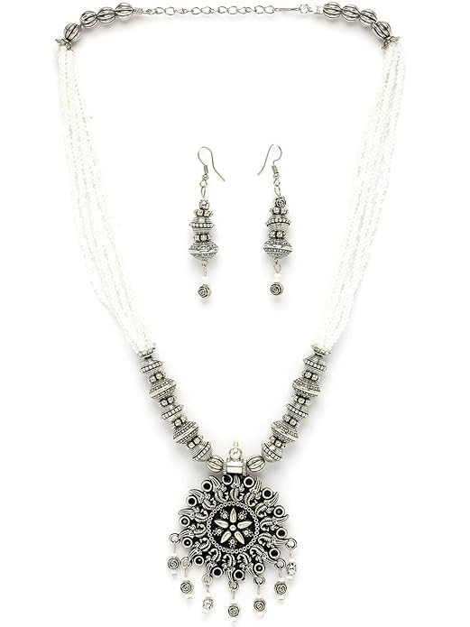 Ethnic Oxidised Silver Plated Stylish Beads Long Necklace Set And Earring | Jewellery Set For Women.