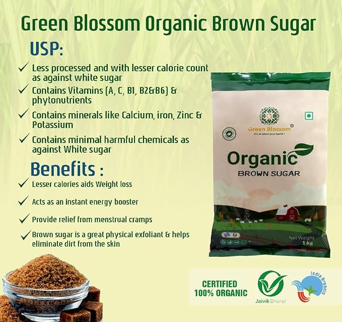 Green Blossom Natural Organic Brown Sugar - 1 Kg | Zero Chemicals | Organically Processed | 100% Pure Enriched with Essentials Nutrients