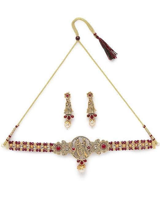 Distinguished Temple Gold Plated Rani Pink Stone Choker Necklace Set With Earring | Jewellery Set For Women (NS105692)