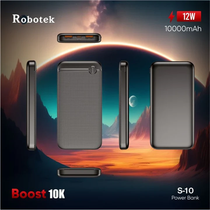 ROBOTEK S10 Boost 10000mAh Power bank with 12W Fast Charging | Quick Charge 3.0 | Li-Polymer Power Bank | Dual Input Type C & Micro USB | Dual Output USB Type A | Compatible with iPhone, Android Phone