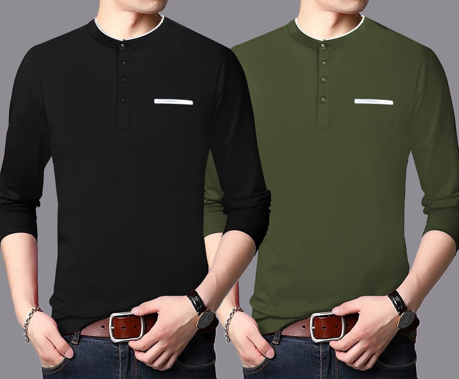 LG Garments Men's Trendy Stylish Henley Neck Long Sleeves Cotton T-Shirt Combo - Multi-colour (Pack Of 2) | Men's T-Shirt (2 in 1) (S, M, L, XL, XXL)
