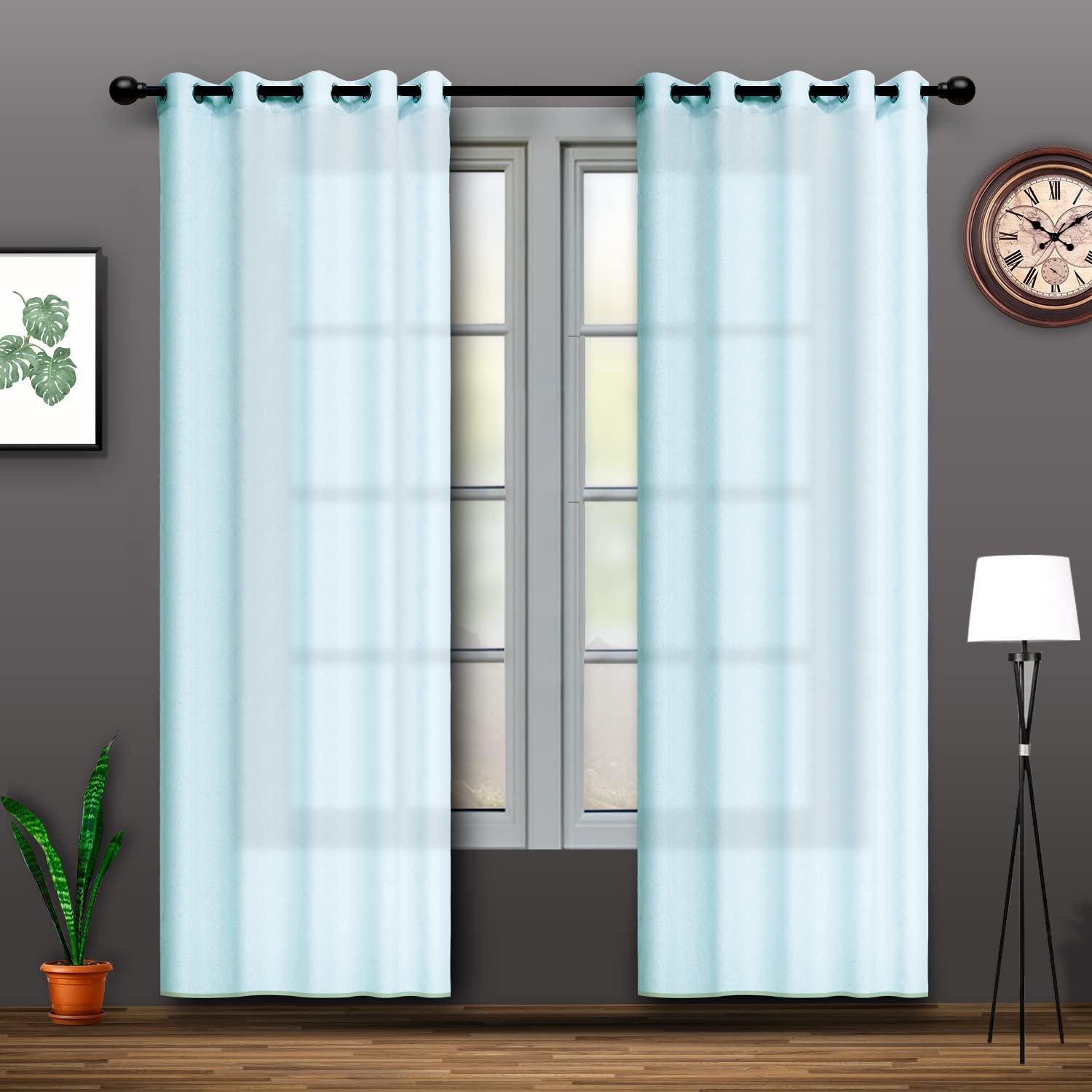 GONATURS Cotton Linen Solid Sheer Curtain Set with Eyelet Rings Non Blackout Set of 2,Long Door Curtain (4.5ft x9ft) (Pale Aqua)