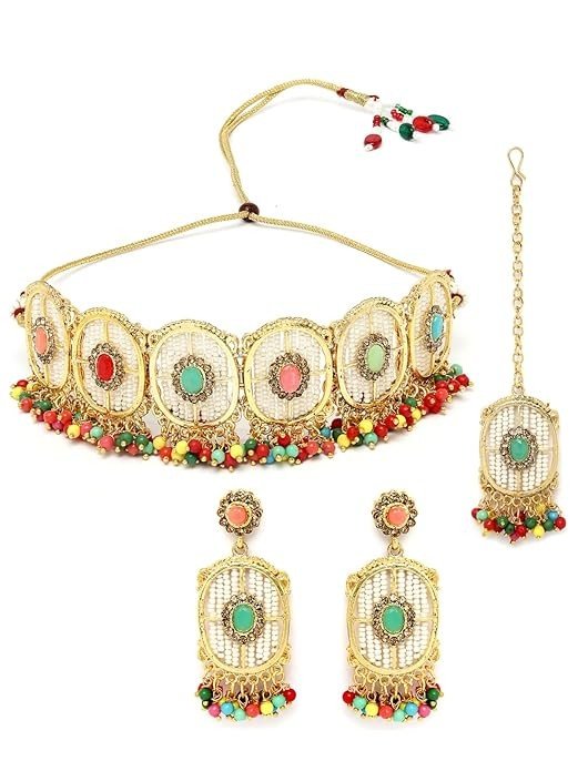 Sukkhi Charming Circular Gold Toned Plated Necklace Set With Earring And Maangtika | Jewellery Set For Women.