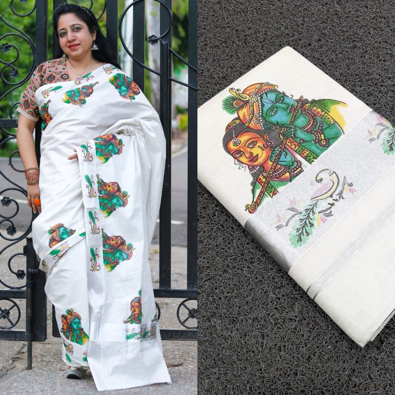Sai Ram Textiles Kerala Kuthampully Premium Quality Mural Silver Tissue Saree | Kerala Traditional Set Saree