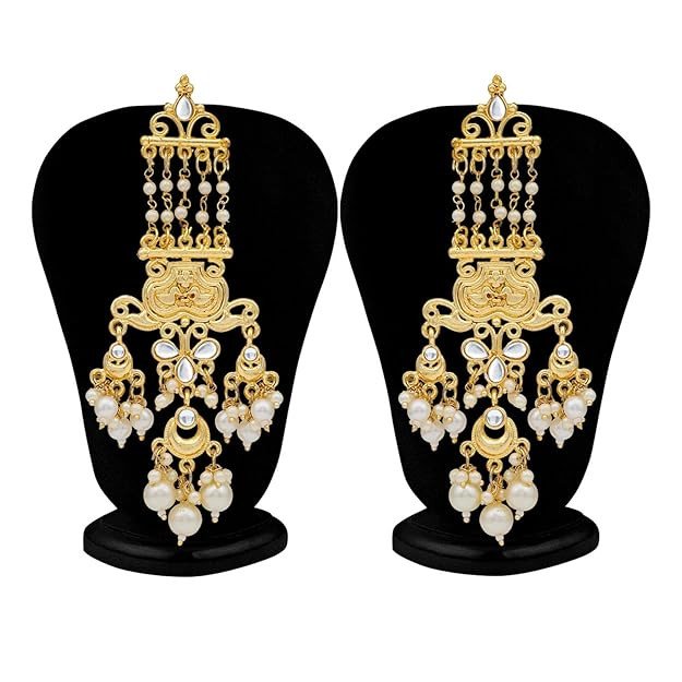 Glossy Pearl Gold Plated Kundan Meenakari Chandelier Earring For Women (SKR56897)