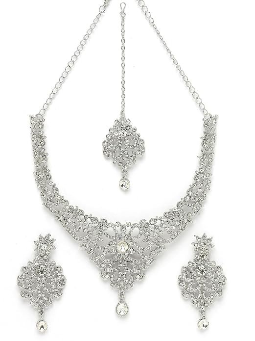 Sukkhi Luminous Rhodium Plated Silver AD White Stone Collar Bone Necklace Set With Earring And Maangtika | Jewellery Set For Women (NS105667)