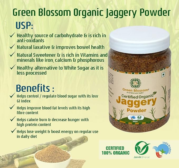 Green Blossom Certified Natural Organic Jaggery Powder - (500 g) | Brown Sugar Powder