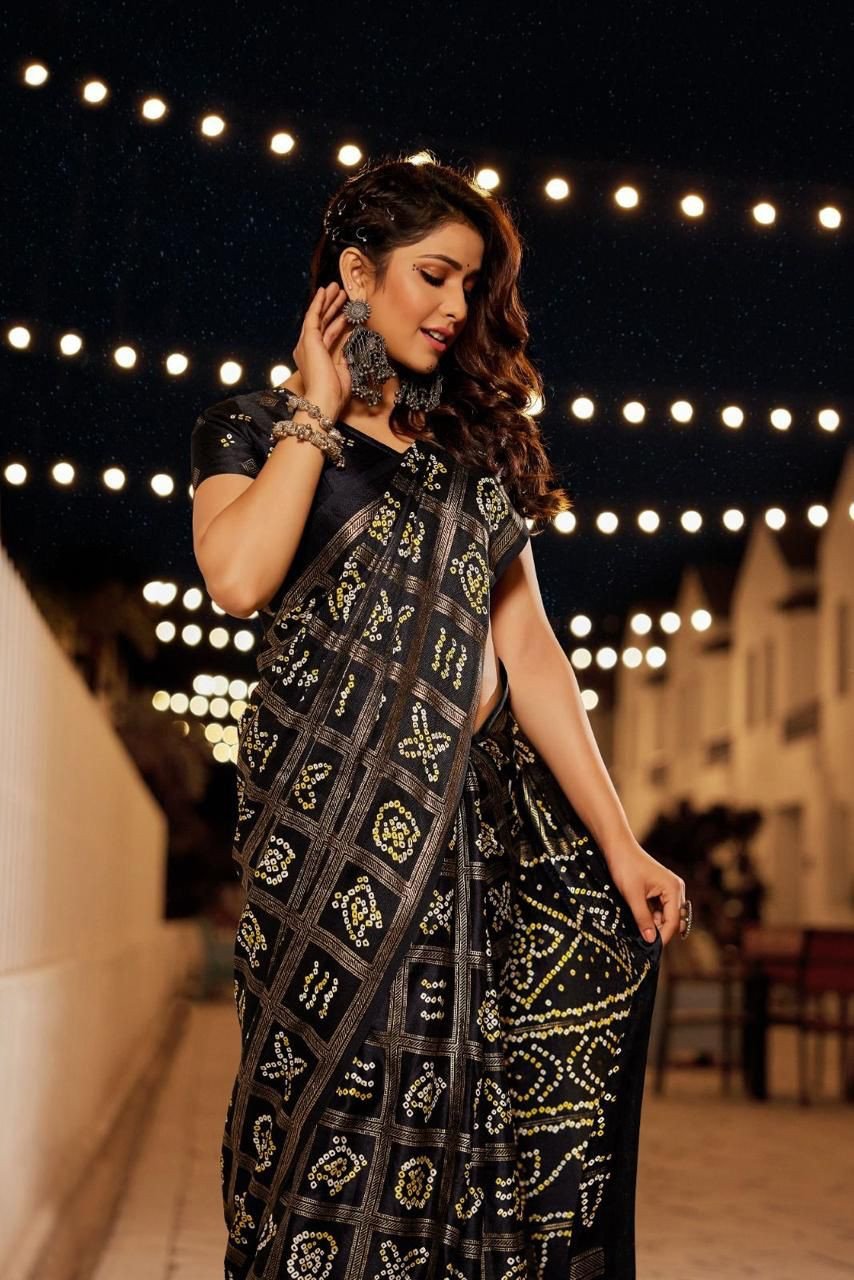 Edathal Star Collection's Soft Silk Saree With Bhandez Gharchola Style And Foil Print With Soft Pashmina Allover Printed Blouse - Black Colour