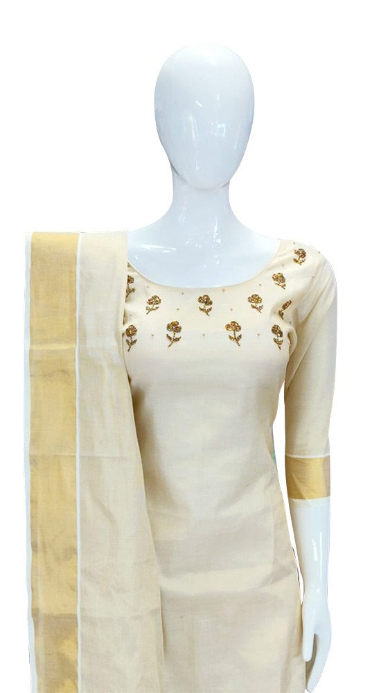 Avanika Collection's Attractive Kerala Tissue Cotton Salwar Full Set (Tissue Dupatta With Bead Work) | Kerala Traditional Churidar Set
